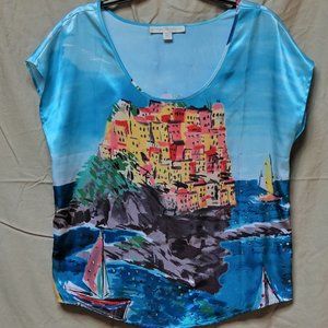 Blue Amalfie Coast Scene top, 100% Polyester